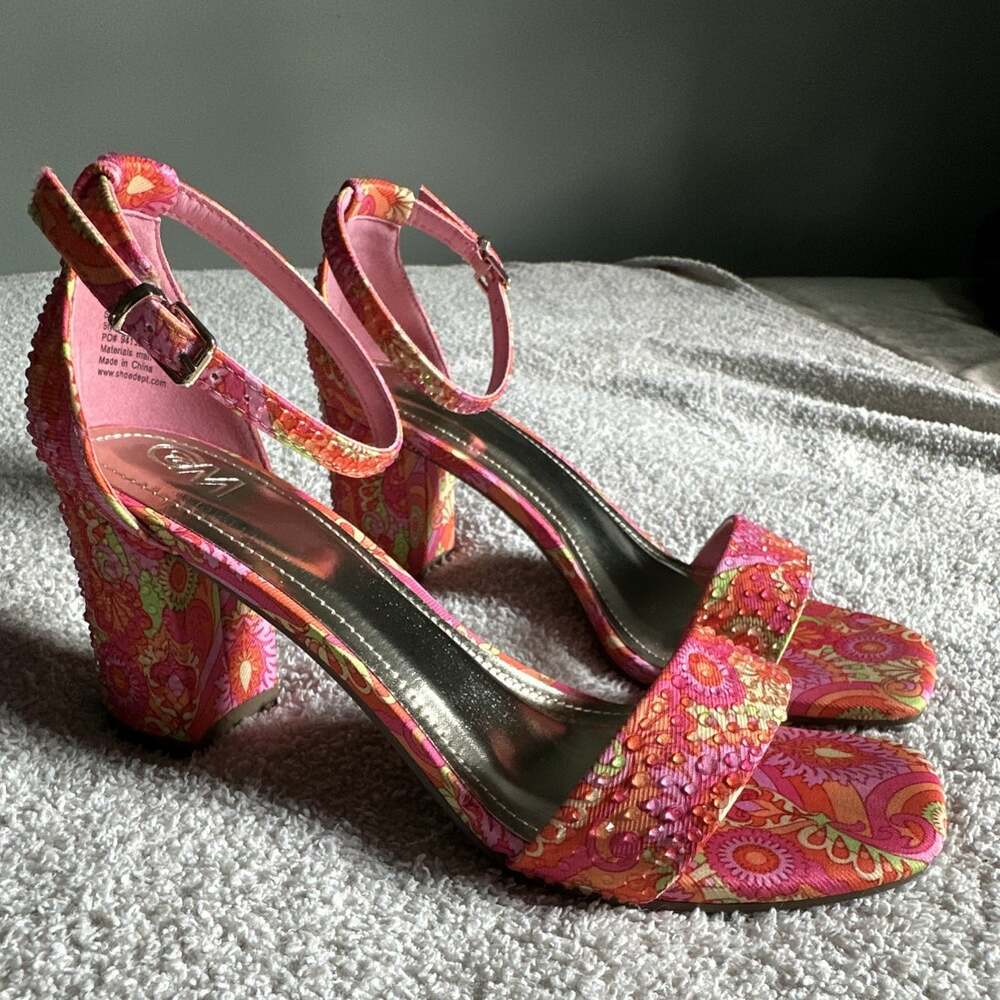 Chelsea Moreland Gala Women's‎ Pink Floral Ankle Strap Heels Open Toe Size 8.5 - Picture 3 of 9